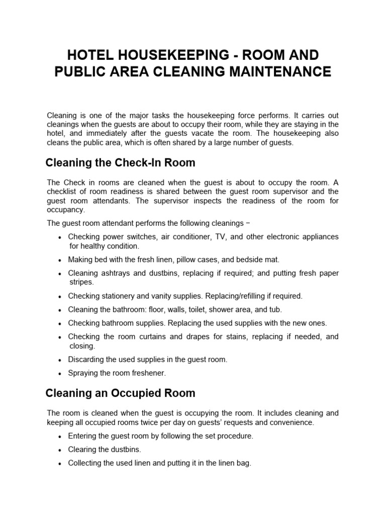 Hotel Housekeeping Room and Public Area Cleaning Maintenance | PDF ...