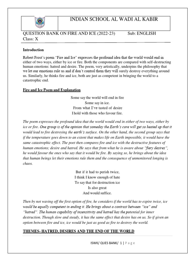 Fire And Ice Class 10 Extra Questions