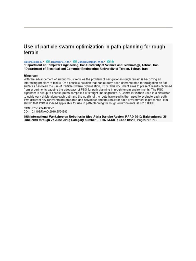 Use of Particle Swarm Optimization in Path Planning For Rough Terrain | PDF