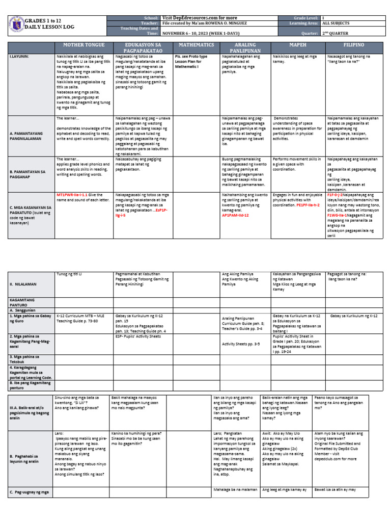 DLL All Subjects 1 q2 w1 d3 | PDF