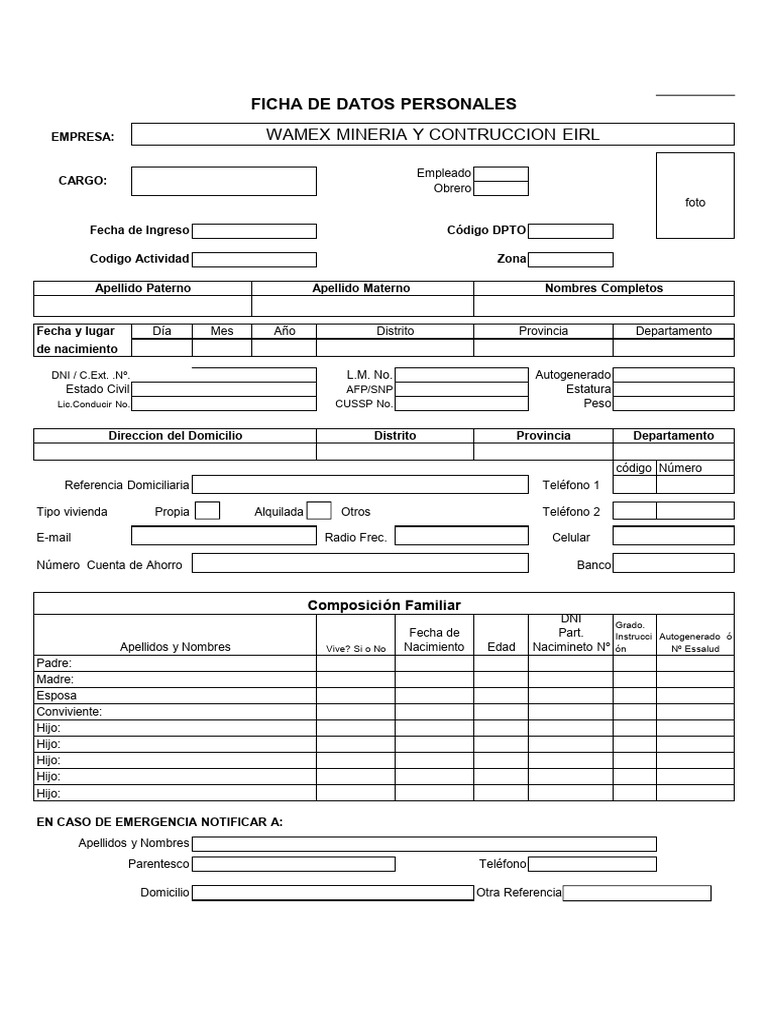 Ficha de Datos Personales Laborales | PDF