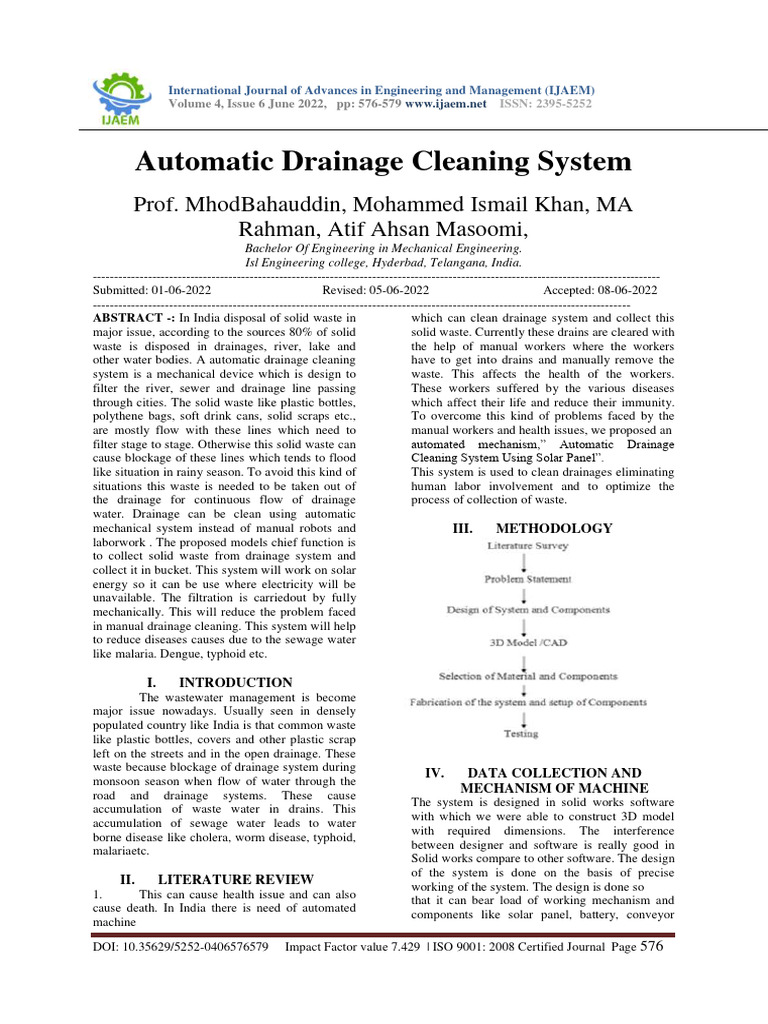 Automatic Drainage Cleaning System PDF Waste Strength Of Materials