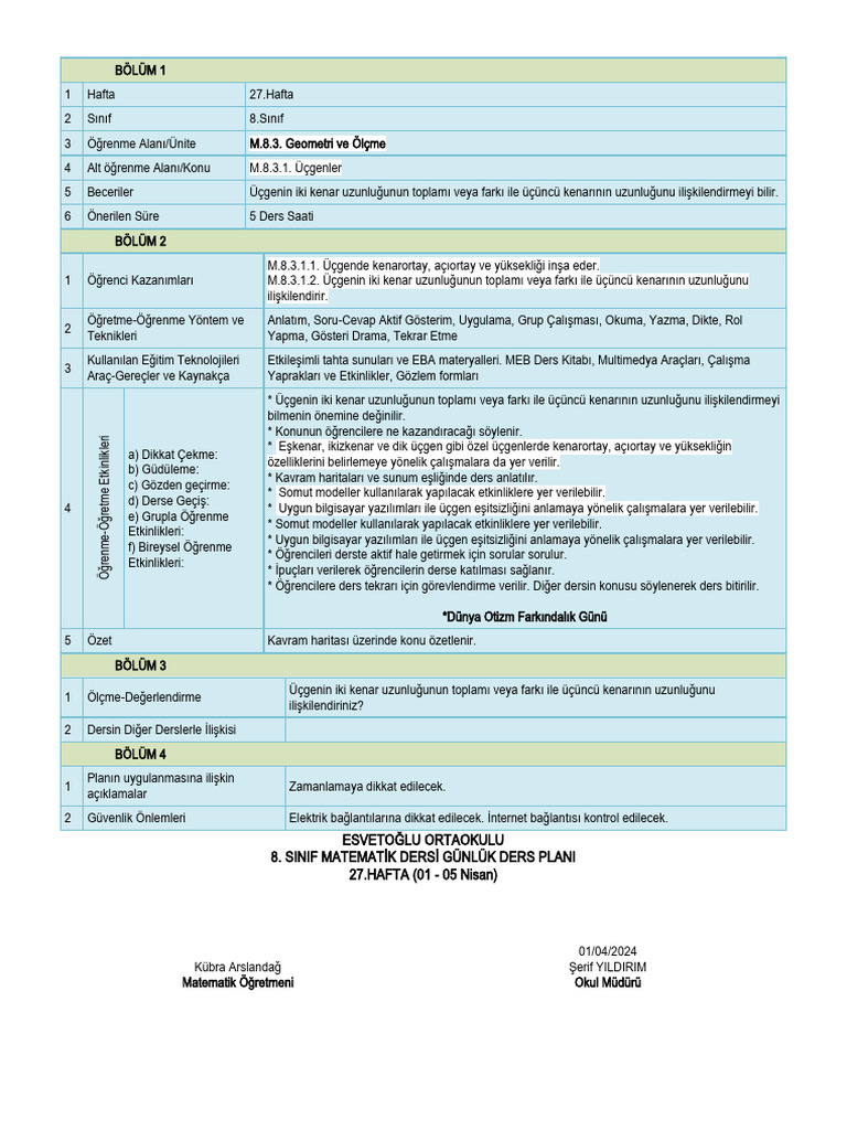 Gunluk Plan 58 Matematik Meb Yeni Plan 30 42541 | PDF