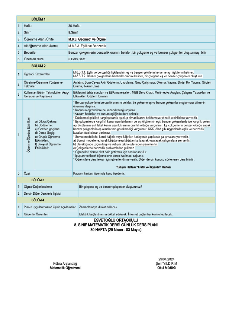 Gunluk Plan 74 Matematik Meb Yeni Plan 34 21003 | PDF