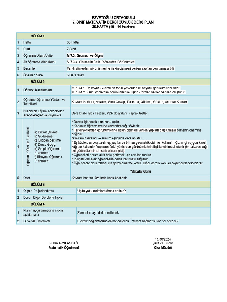 Gunluk Plan 95 Matematik Meb Yeni Plan 40 28397 | PDF