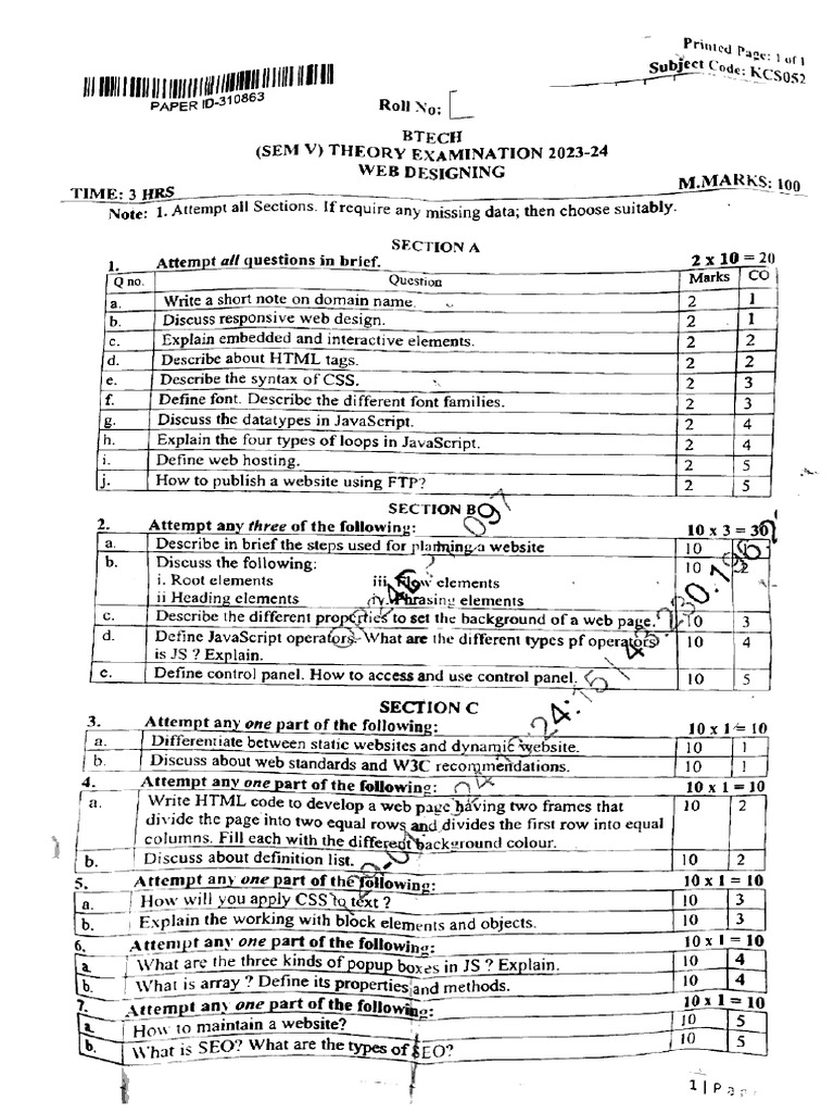 Btech Cs 5 Sem Web Designing Kcs052 Jan 2024 | PDF