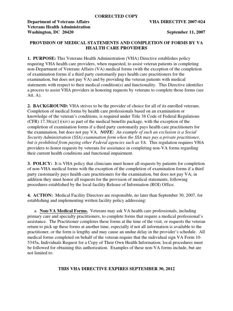 Provision of Medical Statements Veterans Health Administration