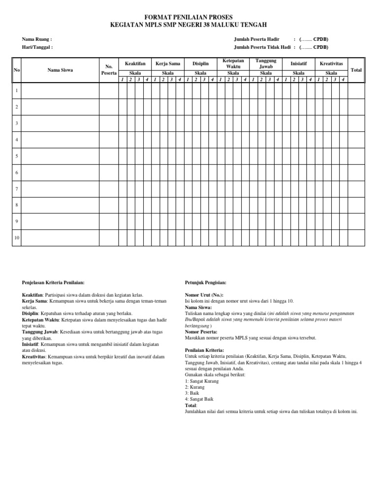 Format Penilaian MPLS SMP 38 | PDF