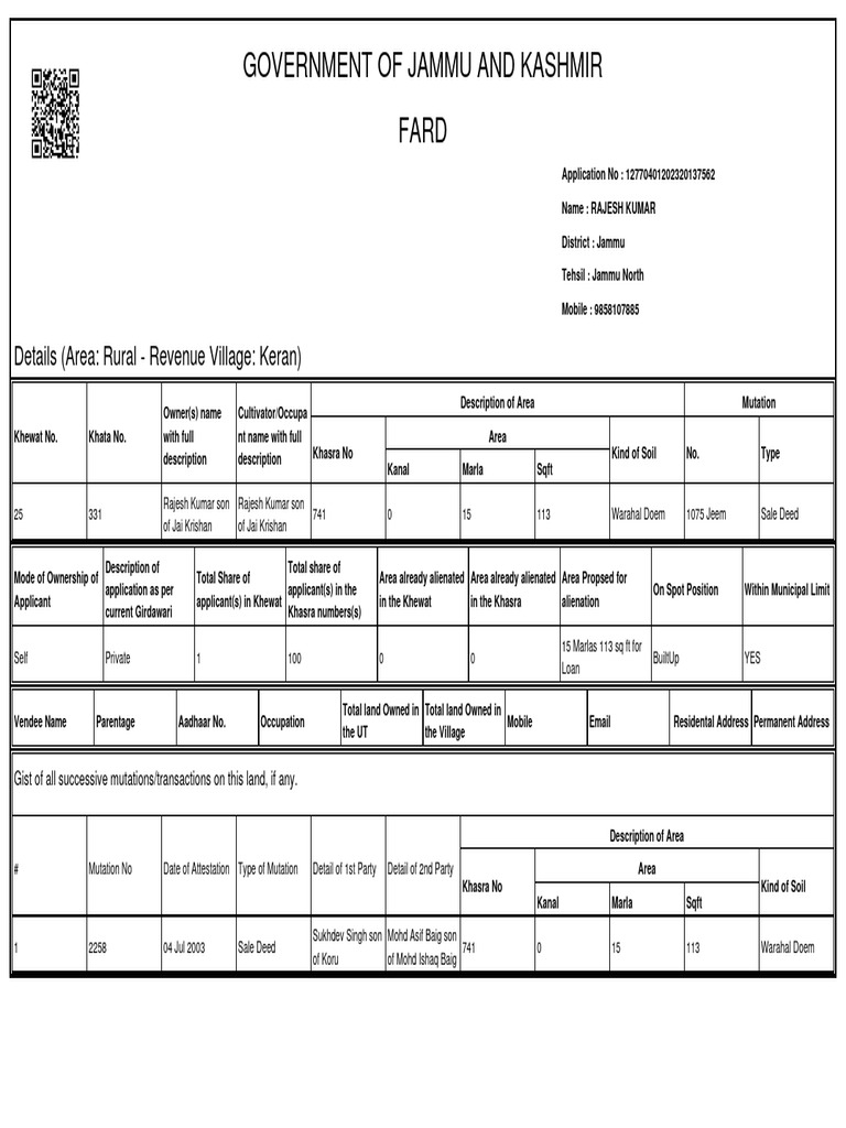 FARD Document for Rajesh Kumar, Jammu | PDF | Natural Resources Law ...