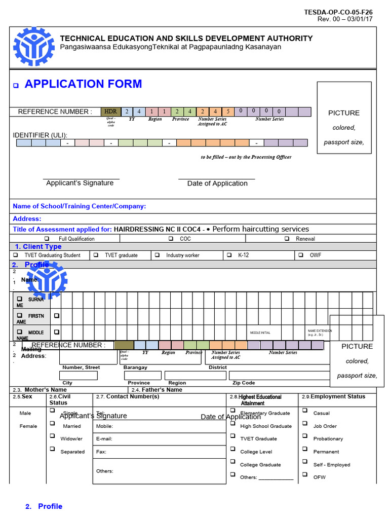 TESDA Hairdressing Assessment Application | PDF