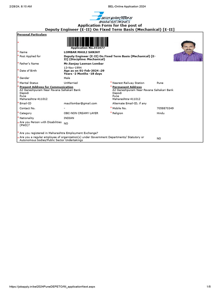 BEL-Online Deputy Engineer Application 2024 | PDF