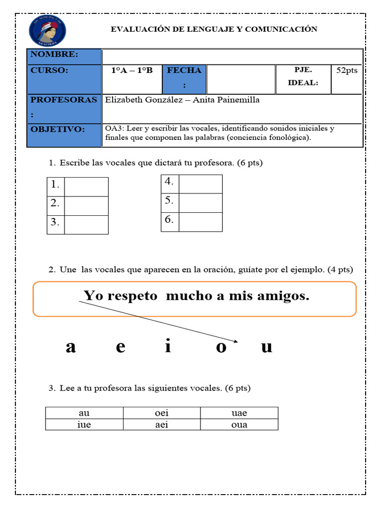 Evaluación de Vocales en Comunicación | PDF | Artes del Lenguaje y ...