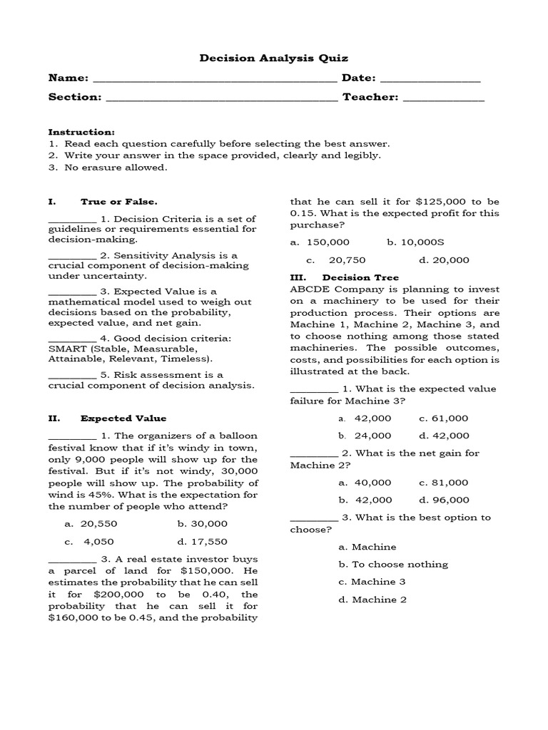 Decision Analysis Quiz for Students | PDF | Economics Of Uncertainty ...