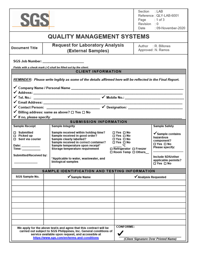 Laboratory Analysis Request Form | PDF | Laboratories | Refrigerator