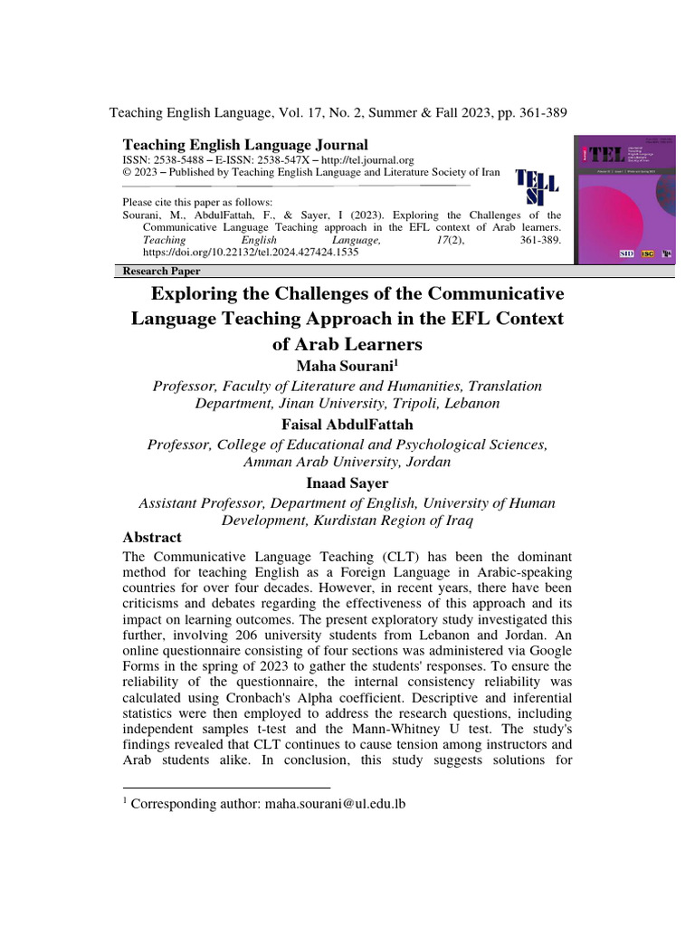 CLT Challenges for Arab EFL Learners | PDF | English As A Second Or ...