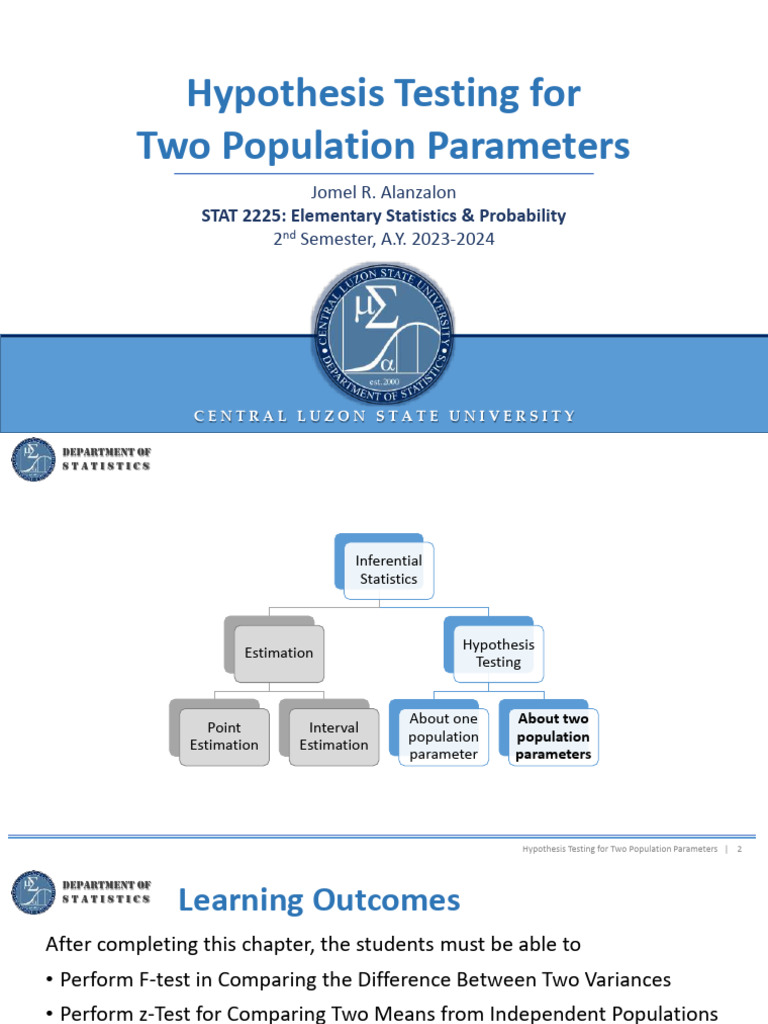 STAT2225 Module 8. Hypothesis Testing For Two Population Parameters ...