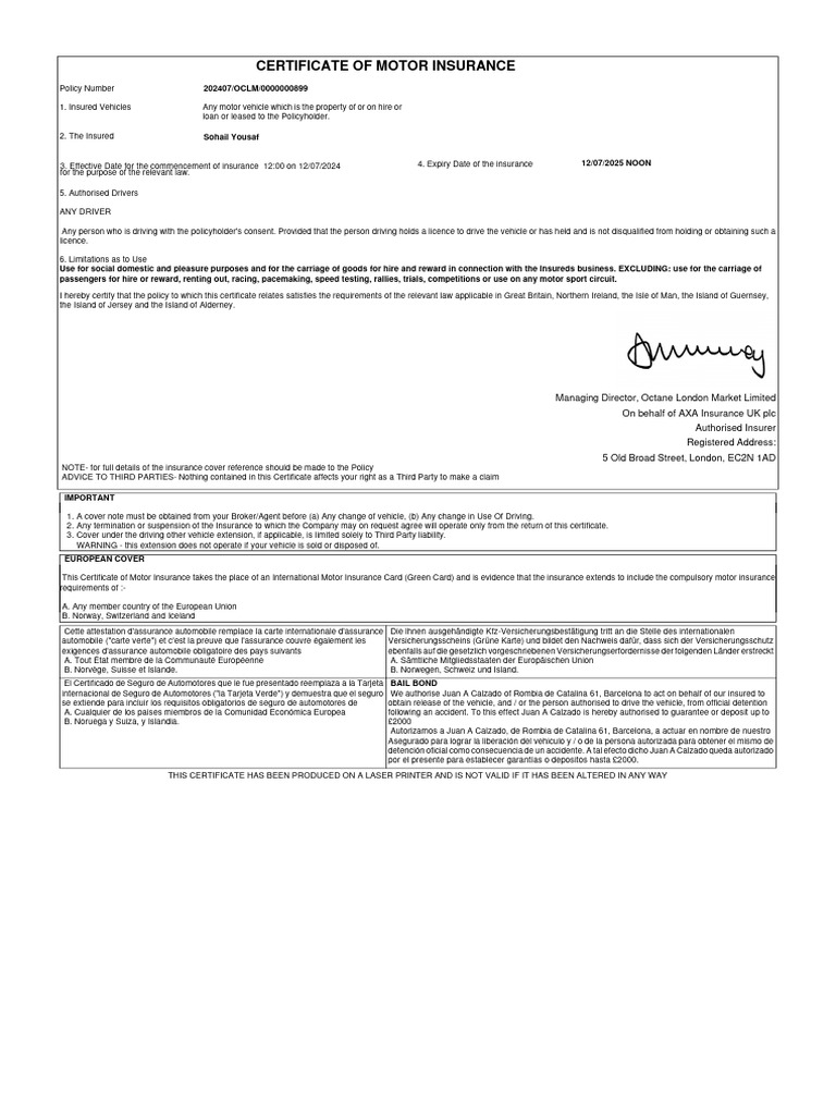 Motor Insurance Certificate Overview | PDF | Insurance | Risk