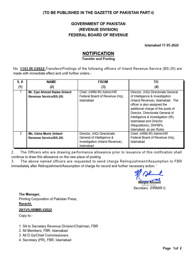 FBR Officer Transfers Notification 2022 | PDF | Government Finances ...