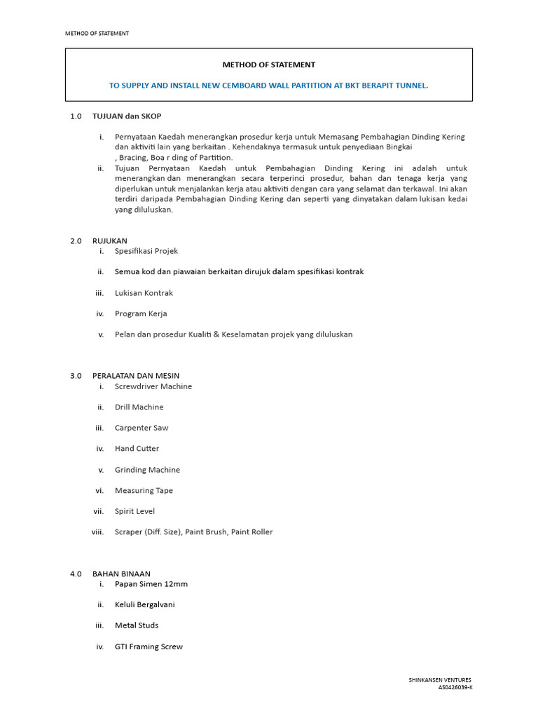 Method of statement for to supply and install new cemboard wall