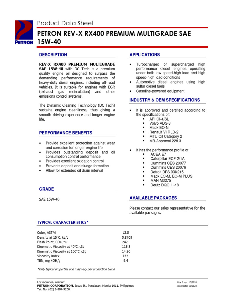 Petron Rev-X RX400 15W-40 Engine Oil | PDF | Engines | Vehicle Technology