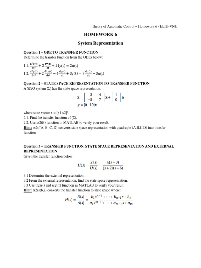 Automatic Control Homework: Transfer Functions & State Space | PDF ...