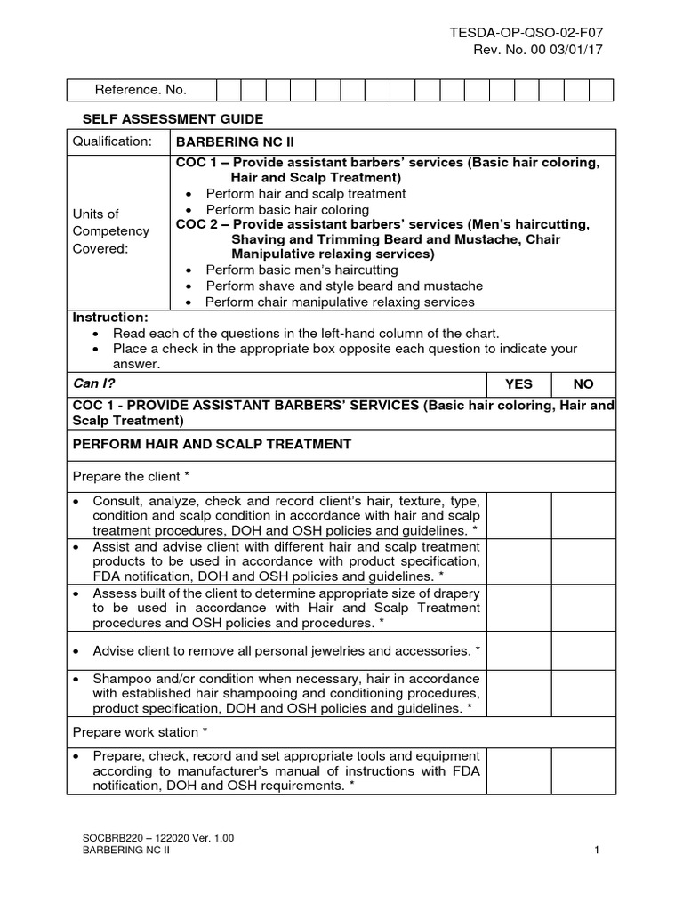 TESDA Barbering NC II Self-Assessment Guide | PDF | Hairstyle | Shaving