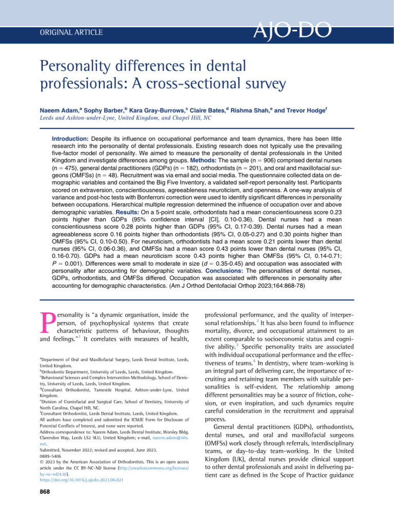 Personality Differences in Dental Professionals A | PDF | Dentistry ...