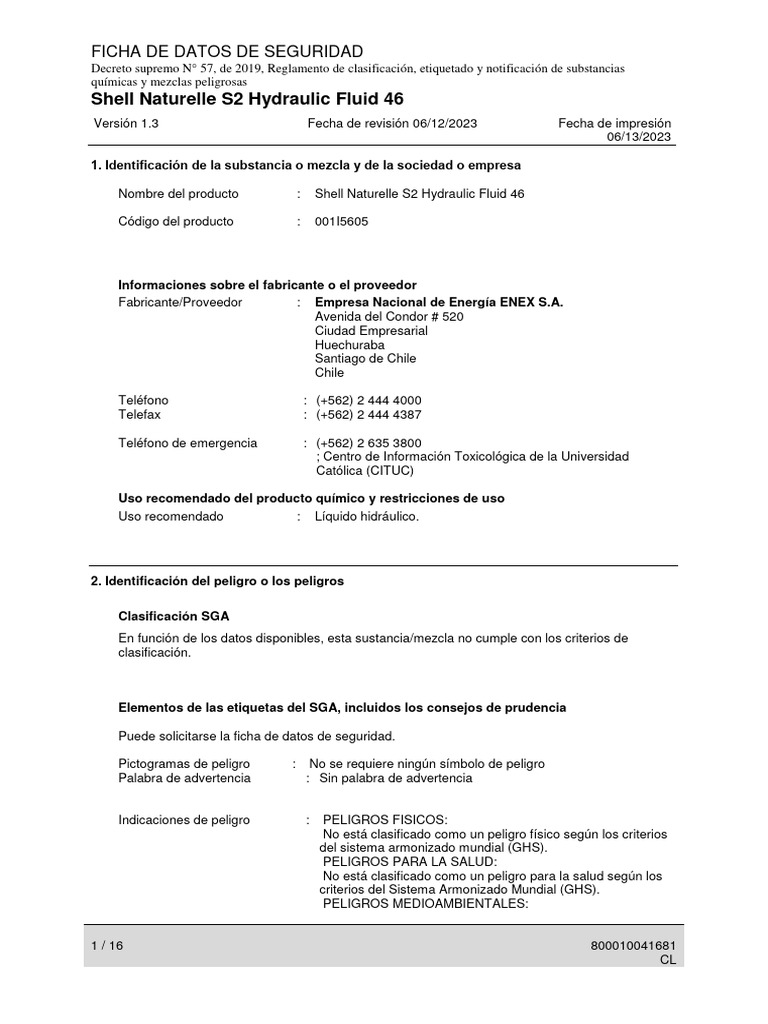 Naturelle S2 Hydraulic Fluid 46 MSDS | PDF | Contaminación | Agua