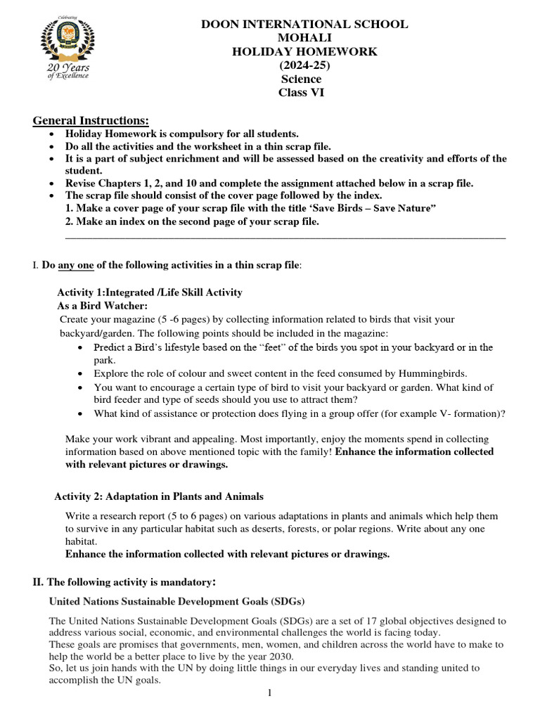 Class VI Science Holiday Homework 2024-25 | PDF | Habitat | Sustainability