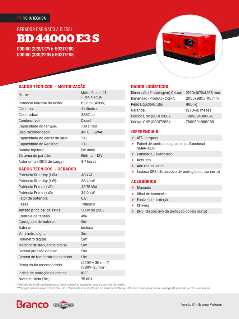 Gerador Diesel BD 44000 E3 S: Especificações | PDF | Motores | Diesel