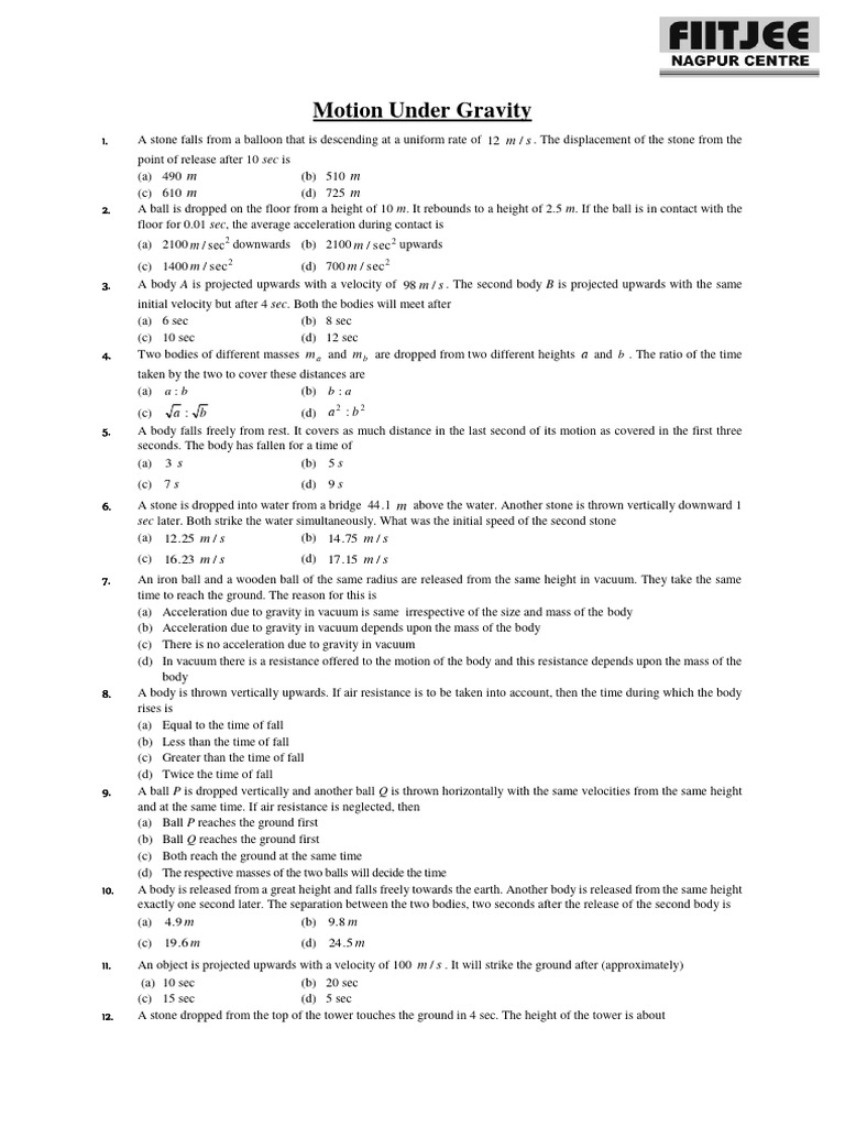 Assignment 1D Motion Under Gravity | PDF | Acceleration | Sphere
