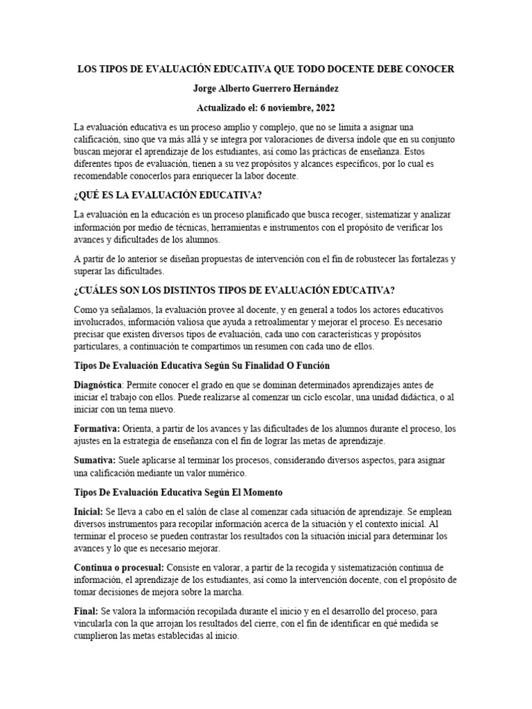 Los Tipos de Evaluación Educativa Que Todo Docente Debe Conocer | PDF ...