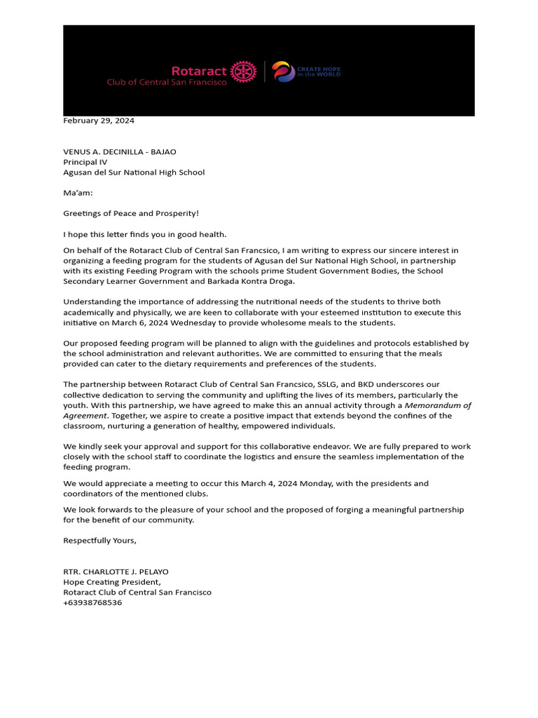 Letter For RACCSF Feeding Program | PDF