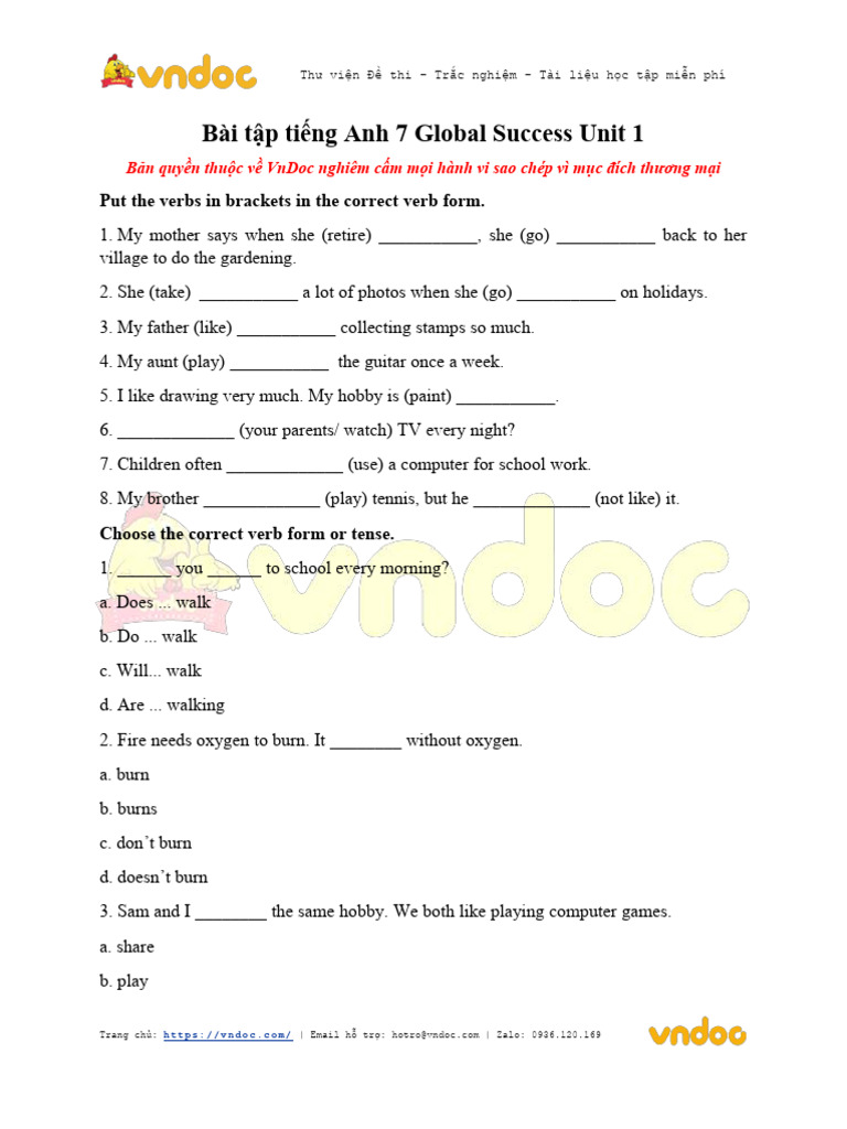Bài Tập Tiếng Anh 7: Unit 1 Global Success | PDF | Language Arts ...