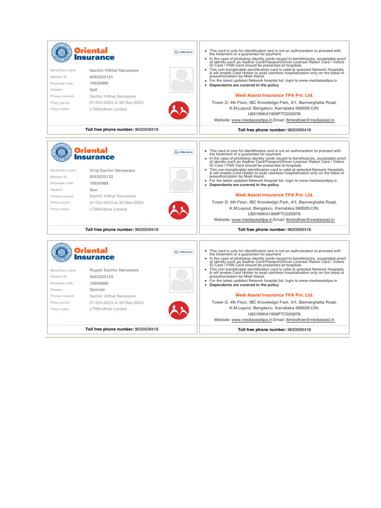 LTIMindtree Health Insurance Cards | PDF | Identity Document | Hospital