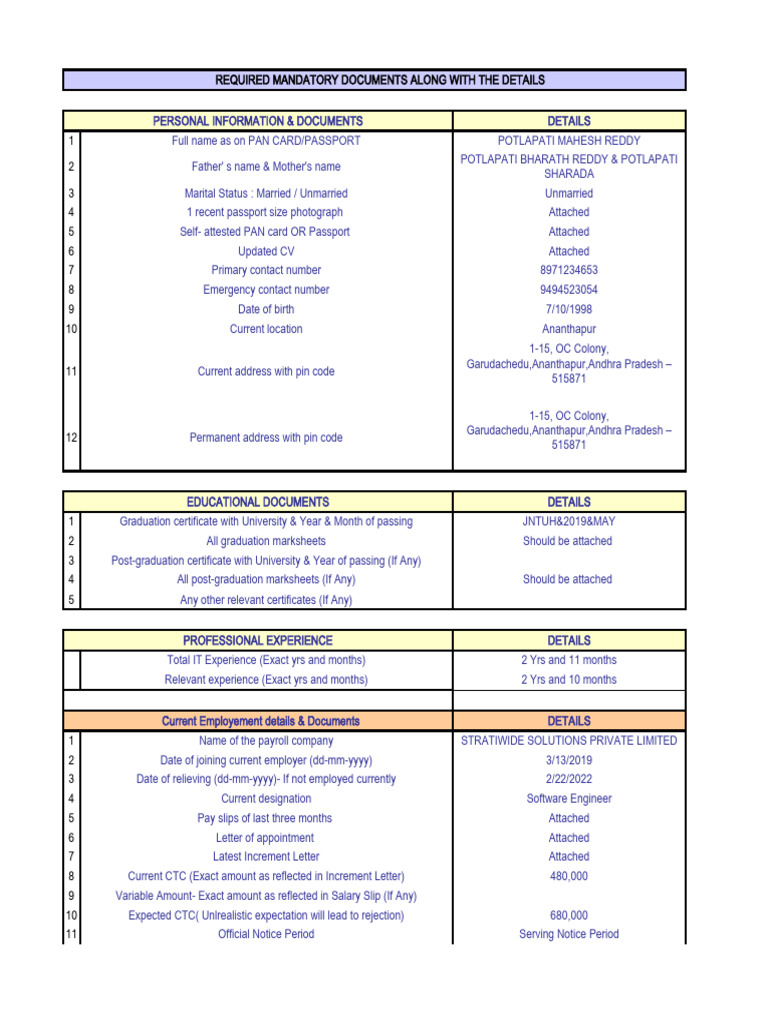 Capgemini Candidate Documentation Form | PDF