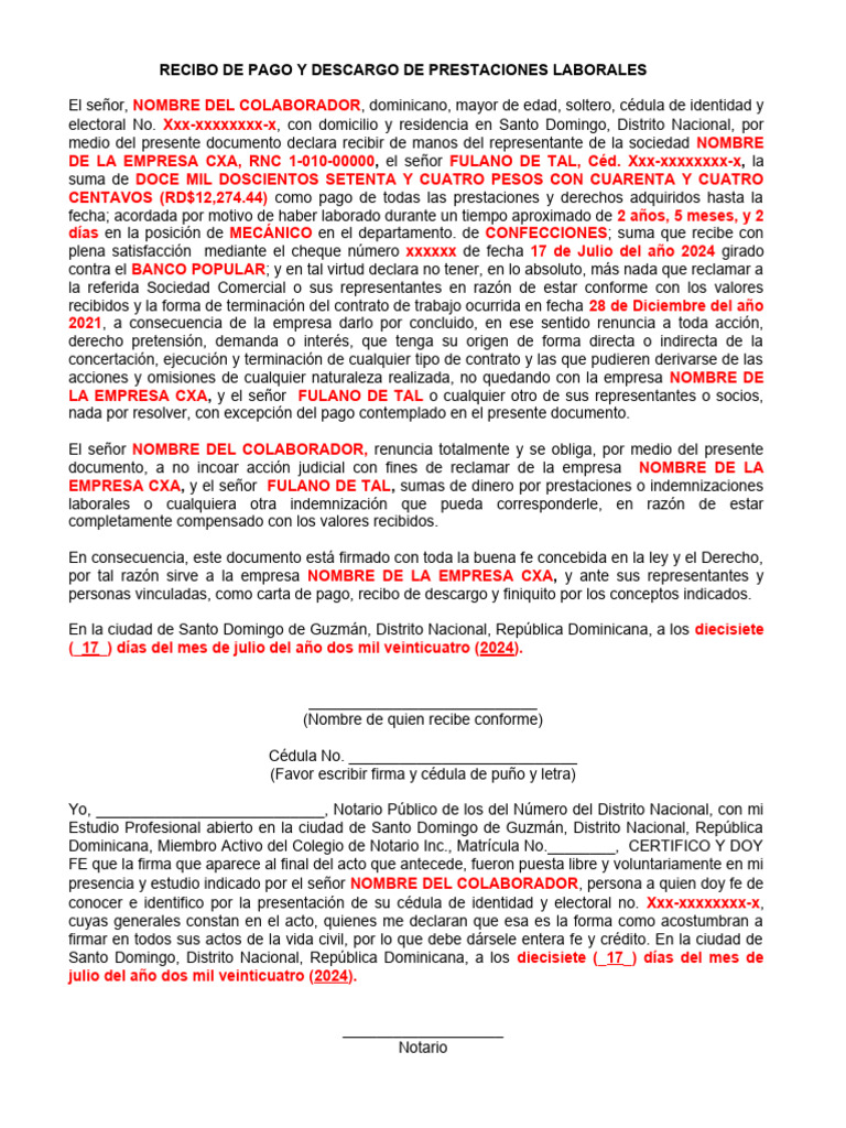 Recibo de Pago y Descargo de Prestaciones Laborales | PDF | República ...