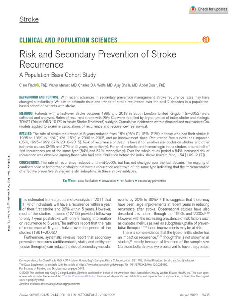 Risk and Secondary Prevention of Stroke Recurrence CLUB DE REVISTA 3 ...