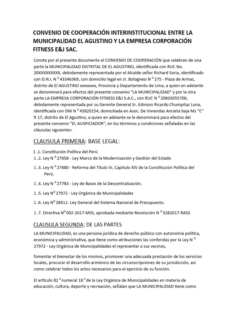 Convenio de Cooperación Interinstitucional Entre La Municipalidad El ...