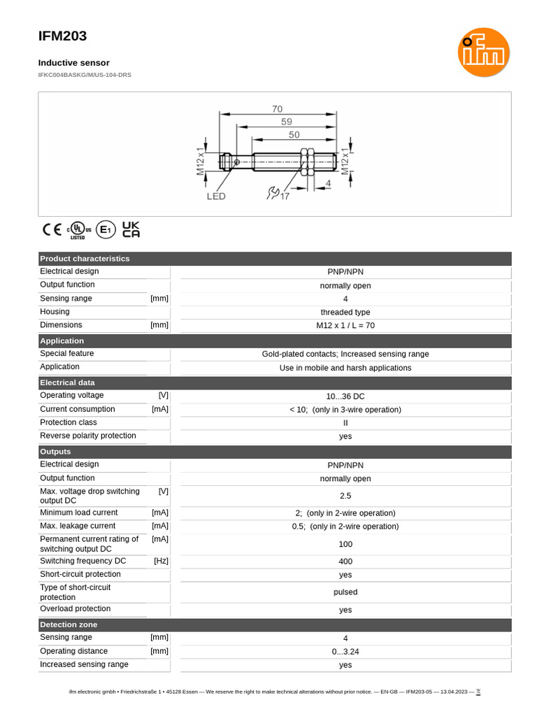 IFM203 Inductive Sensor Specifications | PDF | Bipolar Junction ...