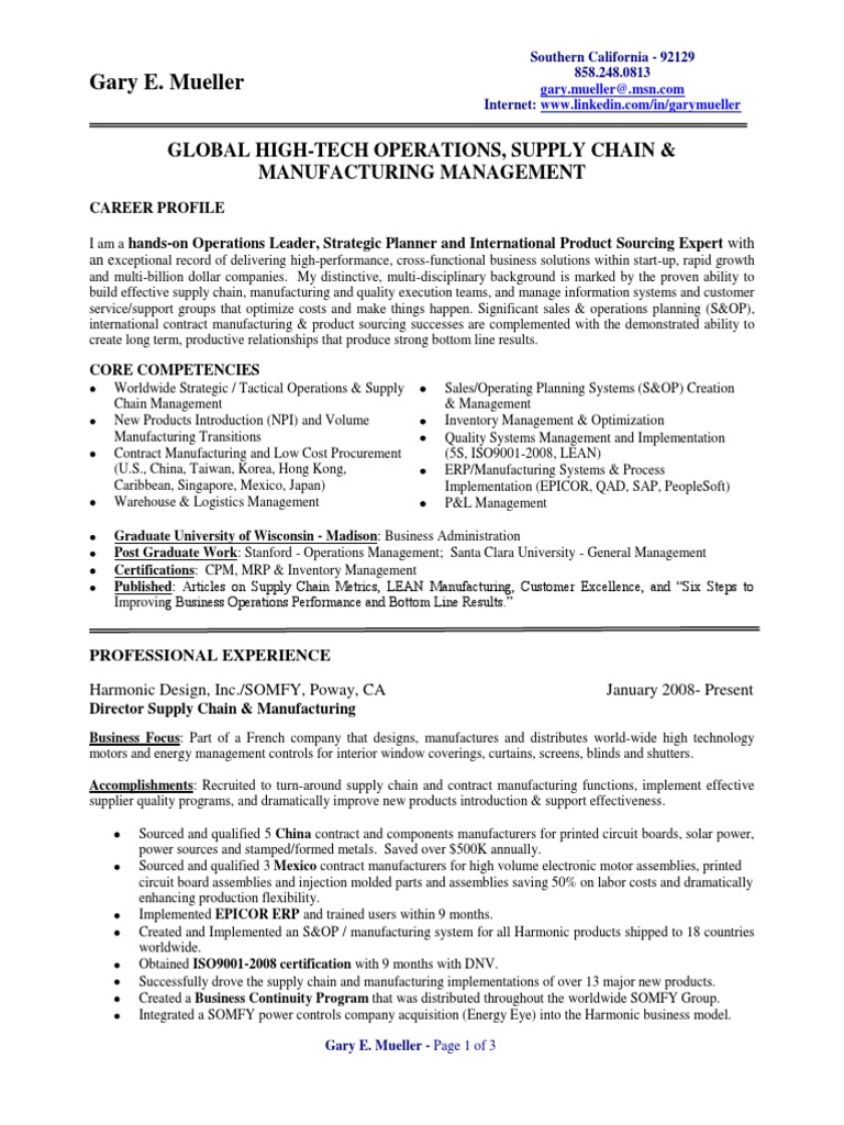 VP Supply Chain Manufacturing in Los Angeles San Diego CA Resume Gary Mueller PDF Supply