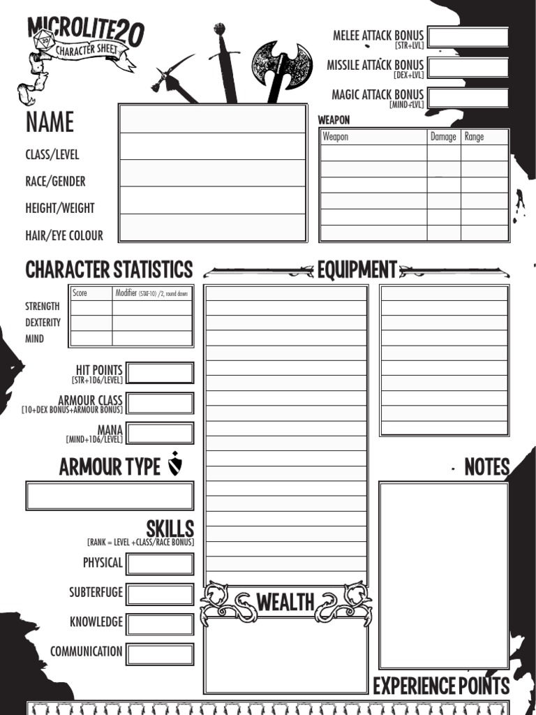 Microlite 20 Character Sheet | Game Design | Leisure ...