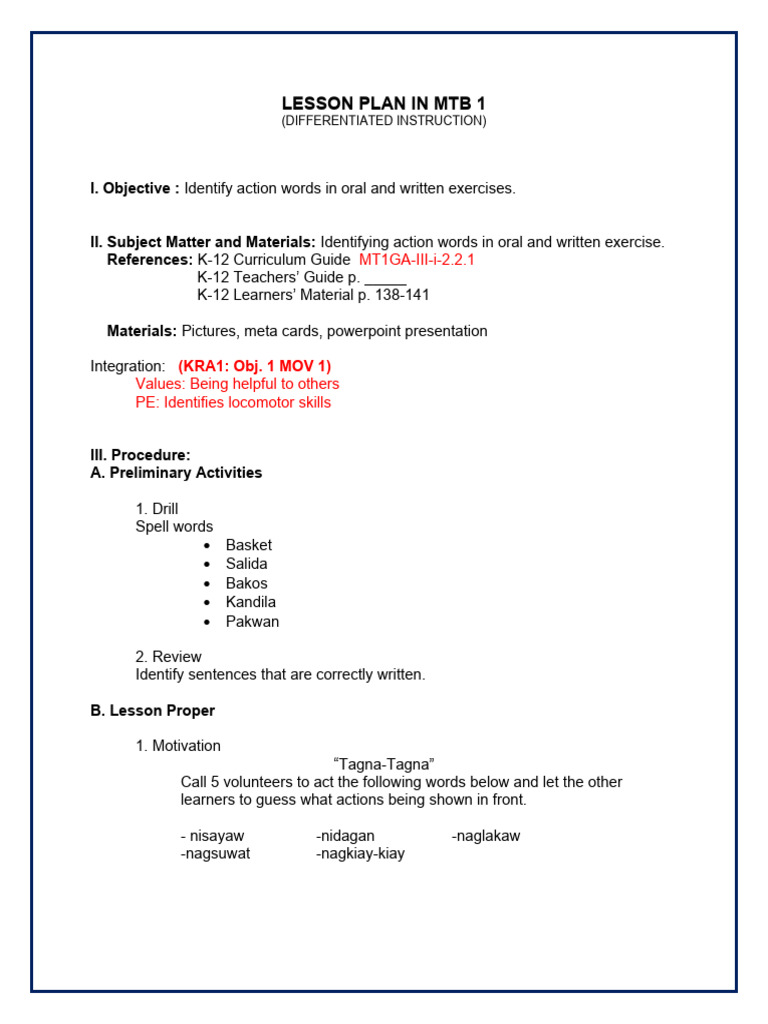 Action Words Lesson Plan for MTB 1 | PDF | Teachers | Lesson Plan