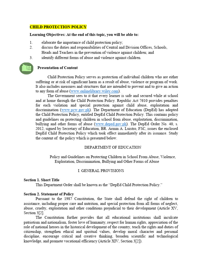 Topic 15 Child Protection Policy | PDF | Child Abuse | Violence