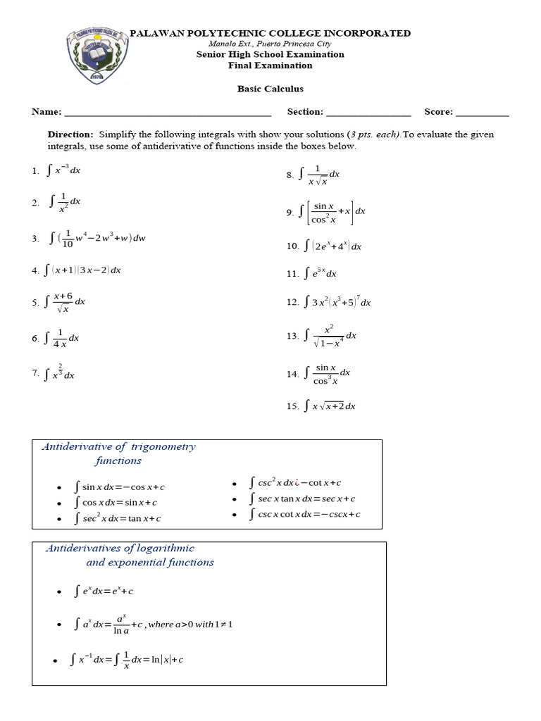 Basic Calculus Final Examination | PDF | Trigonometric Functions | Integral