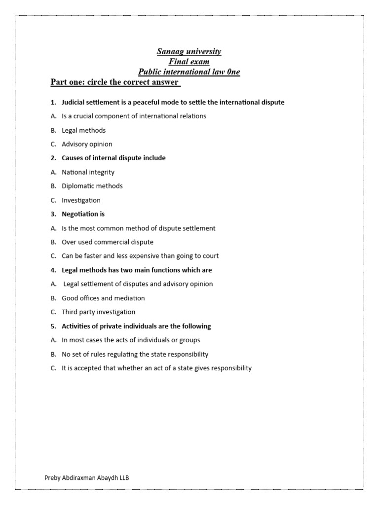 Public International Law Exam Guide | PDF | International Law | Mediation