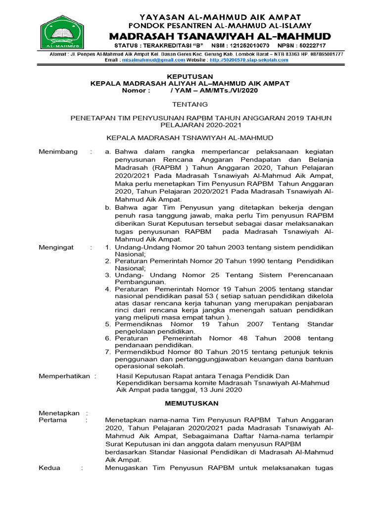SK Panitia Rapbm MTS 2020 | PDF