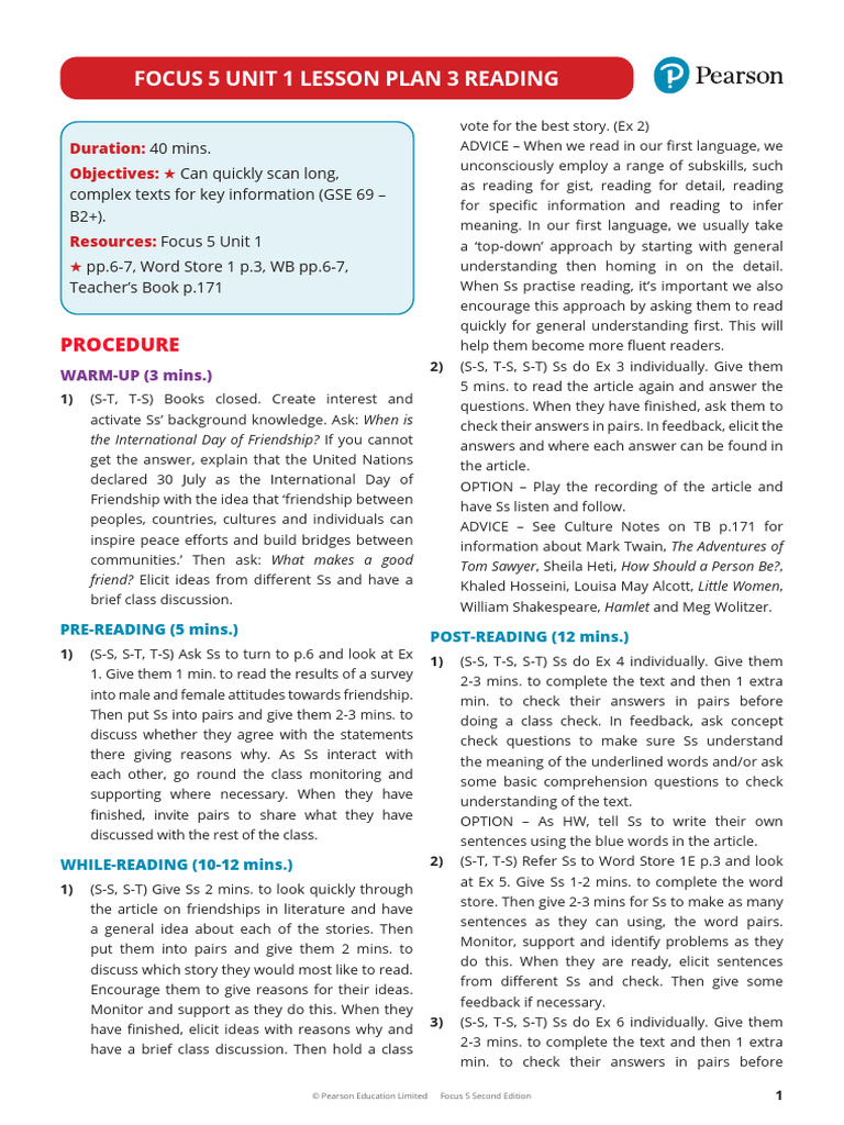 Focus 5 Unit 1 Reading Lesson Plan | PDF | Learning | Cognitive Science