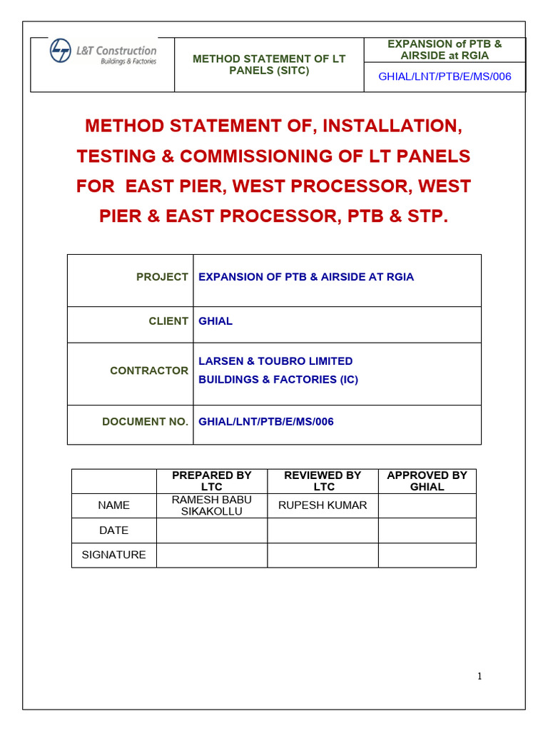 LT Panel Installation Method Statement | PDF | Electrical Wiring | Safety