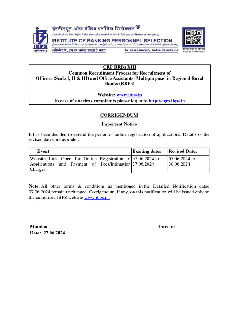Last Date Extension Notification IBPS RRB Recruitment 2024 | PDF